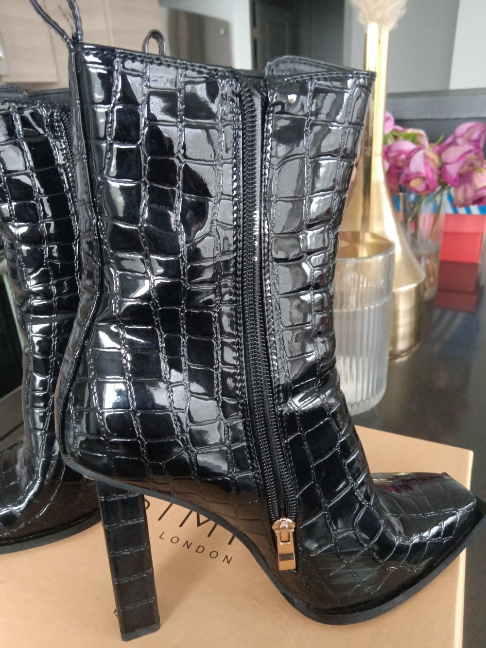 Ara Black Croc-Embossed High Heel Ankle Boots